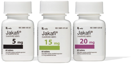 Jakafi 5 mg, 15 mg, and 20 mg tablet bottles