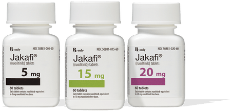 Jakafi 5 mg, 15 mg, and 20 mg tablet bottles